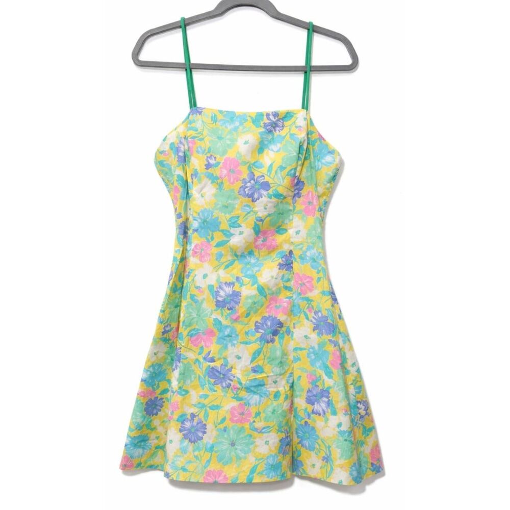 Vtg sea waves womens medium Hawaiian skater flare beach dress yellow sundress